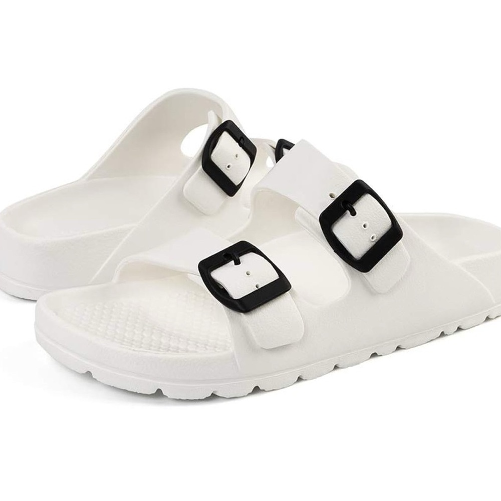 FUNKYMONKEY Women's Comfort Slides Double Buckle Adjustable EVA Flat Sandals